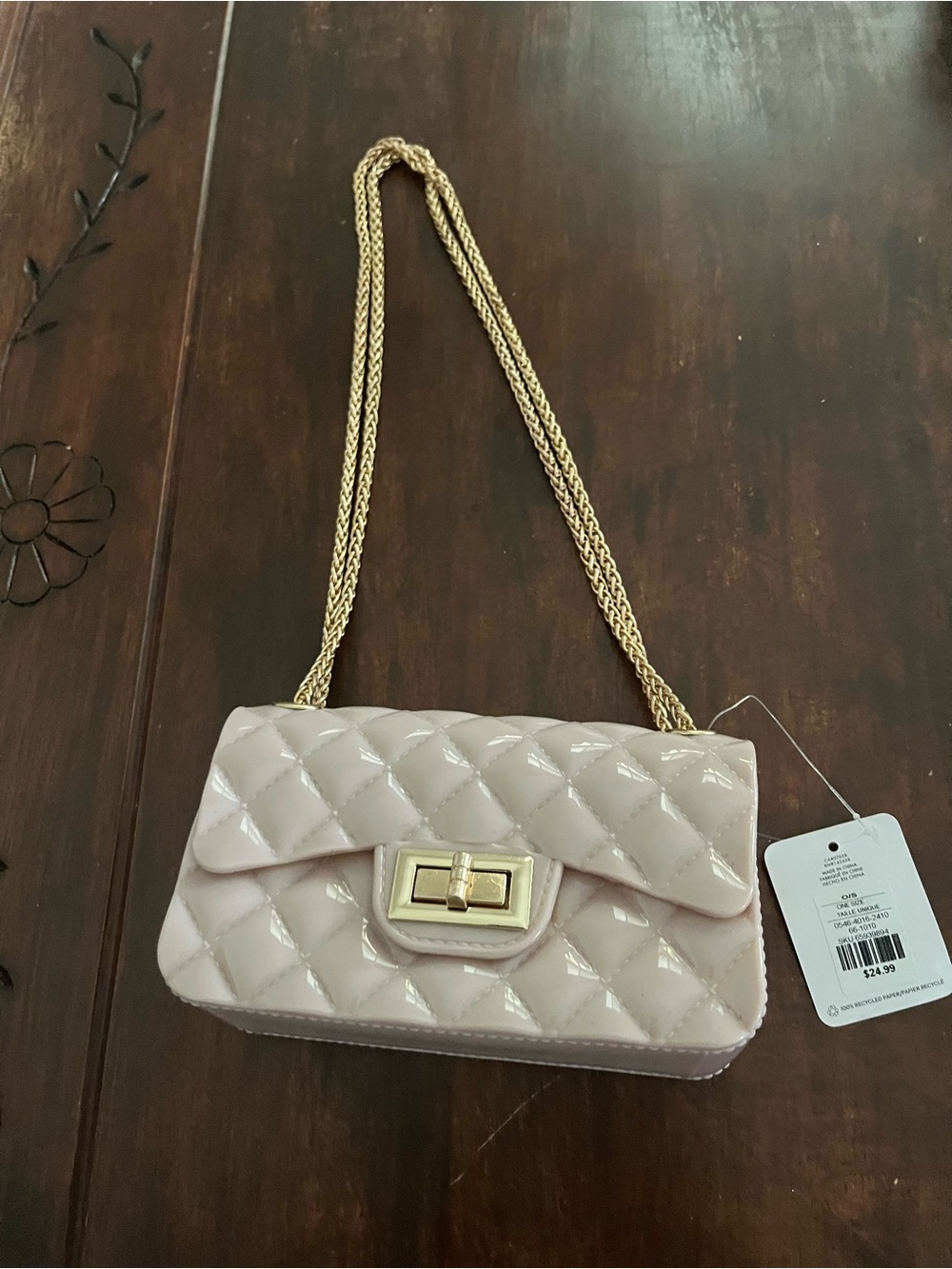 Quilted Patent Crossbody Bag in Blush Pink with Gold Chain